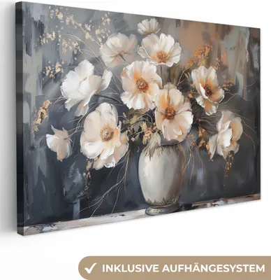 Produktbild von MuchoWow® - Leinwandbilder - Blumen - Weiß - Vase - Modern, Wandbild, Wanddeko Bilder Wohnzimmer, 120x80cm