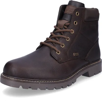 A single brown leather boot is shown against a white background.