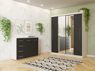 Produktbild von Schwebetürenschrank Kleiderschrank Schrank zweitürig 204 cm Kommode 135 cm und LED Beleuchtung Weiß/Schwarz Torino Frida 01