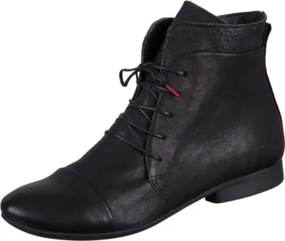 A black leather boot is shown against a white background.