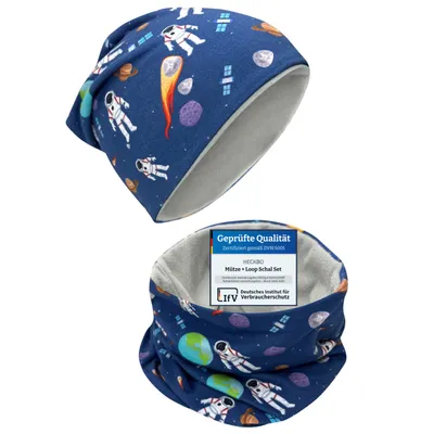 Produktbild von HECKBO Kinder Jungen Beanie Mütze & Loop-Schal Set - Wendemütze Astronaut Weltraum Weltall - 2-8 Jahren - 95% Baumwolle - weiches & pflegeleichtes Stretch-Material