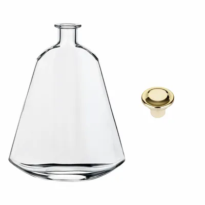 Produktbild von gouveo Dekanter 700 ml Isabelle mit Holzgriff-Korken goldfarben - Design-Flasche 0,7 l aus Glas mit Korkverschluss - Glas Karaffe in flacher Glocken-Form für Likör, Wein, Cognac oder Vase