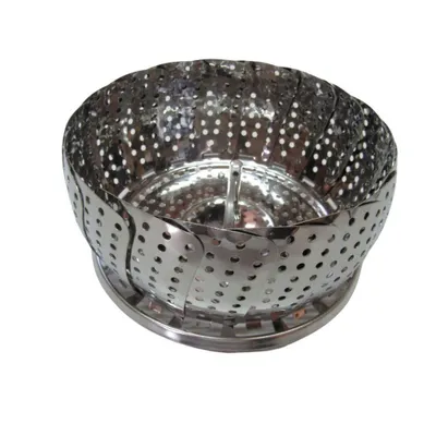 A stainless steel steamer basket is shown against a white background.