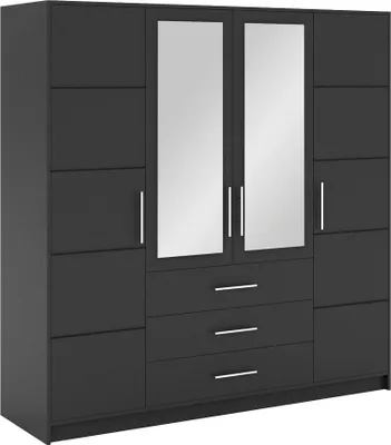 Produktbild von Furniture24 Kleiderschrank Bali D4 Schlafzimmer 4 Türiger Drehtürenschrank 3 Schubkästen Schrank 1 Kleiderstange 8 Einlegeboden Spiegel Graphite