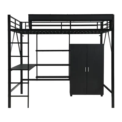 A black metal loft bed with a desk, shelves, and a wardrobe.