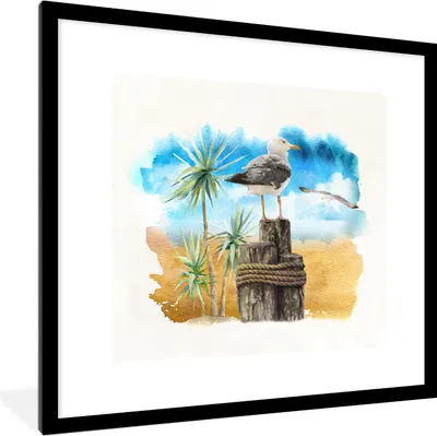 Produktbild von MuchoWow® MuchoWow® Gerahmtes Poster Vogel - Baum - Strand - Aquarell 40x40 cm - Poster mit zchwarzem Bilderrahmen - Poster - Plakat im Rahmen