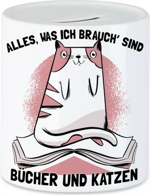 Produktbild von Alles was ich brauch sind Bücher und Katzen Spardose Katzenliebhaber Tierfreunde Lesen Bücher süßes Katzenmotiv