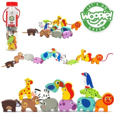 Image de Woopie Blocs de filetage en bois vert Safari Animaux Zoo 13 Pcs.