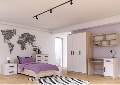 Produktbild von Kinderzimmer-Set Bett Schrank Wandregal Kommode Schreibtisch Nachttisch Sonoma/Weiß mit Erikafarbiegen Griffen und Matratze JONAS IV 03