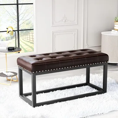 Produktbild von Vintage Polsterbank 91 cm braun, Knopfheftung, Kunstledersitz, Industriemetallrahmen, für Flur, Schlafzimmer, Wohnzimmer oder Bettende