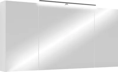 A white bathroom cabinet with mirrored doors and an integrated LED light strip above.