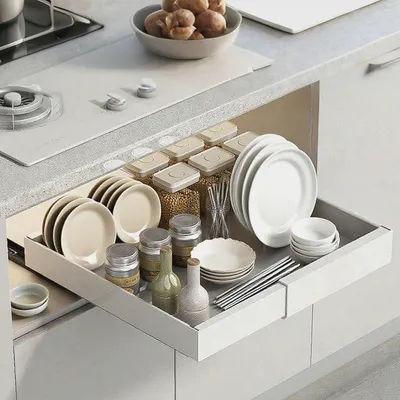 Produktbild von Ausziehbare Schublade Küche, 2 Stück Teleskopschublade mit Kleber, Küchenschrank Organizer Ausziehbar, Slide Out Cabinet Organizer Küche, Einstellbare Breite 32-53cm, Tiefe 42 cm - Weiß