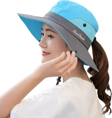 Image de ASKSA Femme Chapeau de soleil protection UV Outdoor Chapeau de randonnée pliable Chapeau de jardin avec mentonnière réglable, bicolore bleu