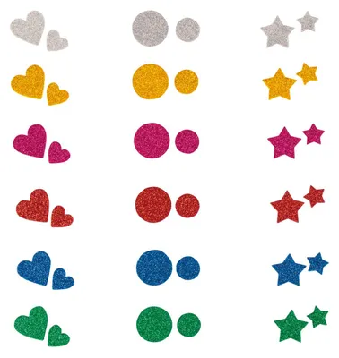 Produktbild von Moosgummi Mix Glitter selbstklebend 360 Stk 6 Farben 3 Formen 2-3 cm Ø Rayher