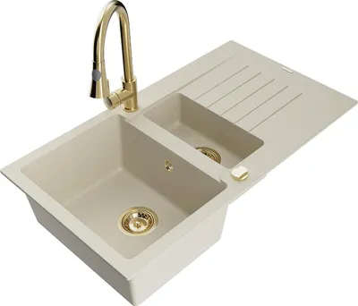 Produktbild von Mexen Matias 1,5-Becken-Granitspüle mit Abtropffläche und Mischbatterie Elia, Beige - 6502-69-670101-50