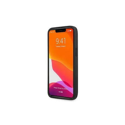 A black iPhone case is shown against a white background.