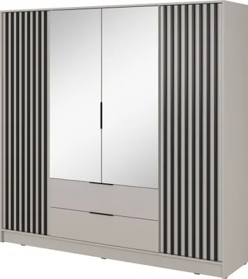 Produktbild von Schlafzimmerschrank 206 x 200 x 51 cm JOHN 4D (Kaschmir) mit Spiegiel und 4 drehbaren Türen und 2 Schubladen Latten aus Holz Loft Style Industrieller Schrank Kleiderschrank (Spannstange) mit Regalen