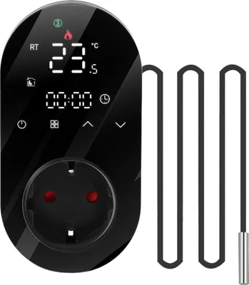 A digital thermostat plug with a temperature probe and a digital display.