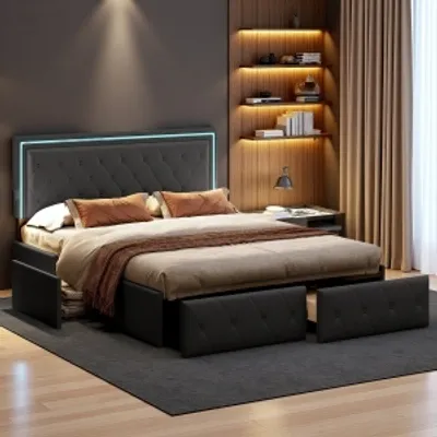 Obrázek produktu pro UnboxG Čalouněná postel 160x200cm, manželská postel s roštem Led a 4 zásuvkami, postel s úložným prostorem, dřevěný rám postele pro mládež, úložný prostor, PU, šedý