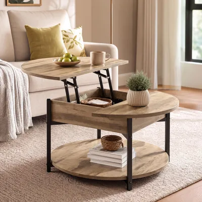Produktbild von VASAGLE Höhenverstellbarer Runder Couchtisch mit Verstecktem Stauraum 80 x 80 x 45 cm Beige und Schwarz