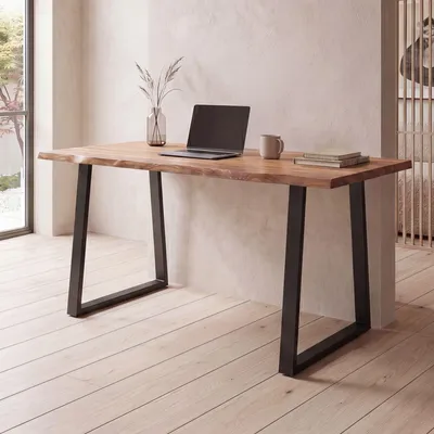 Produktbild von FineBuy Schreibtisch 180 cm Akazie Massivholz Metall Computertisch Baumkante Homeoffice Bürotisch Massiv Trapezbeine in Schwarz Holztisch Laptoptisch