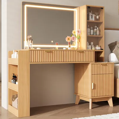 Produktbild von Flieks Schminktisch mit Ladefunktion, Frisiertisch mit LED-Spiegel, Schminkkommode mit offenem Ablagefach und Glasablagen, 133x40x136cm, Naturbelassen