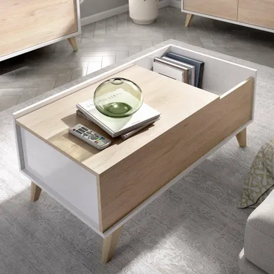Produktbild von Couchtisch Dburs, Wohnzimmer-Zeitungsständer mit Ablagefach, niedriger Couchtisch, 99 x 60 x 41 cm, Eiche und Weiß