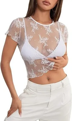Produktbild von 2024 Damen Kurzes Mesh Oberteil mit Spitze, Transparent, Kurze Ärmel, Rundhals, Sommer y Y2K Bluse