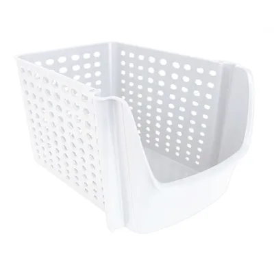 A white plastic storage bin with a perforated design and an open front.