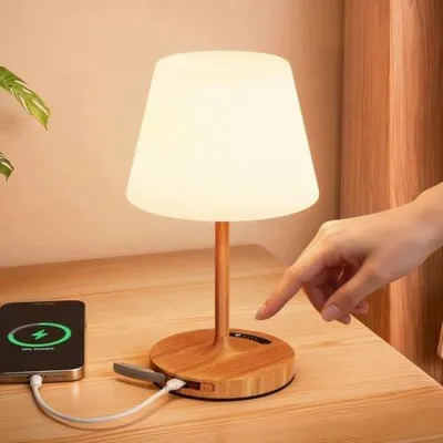 Zdjęcie produktu dla Lampa stołowa bezprzewodowa drewniana LED 3 barwy na prezent