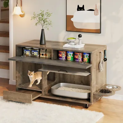 Obrázek produktu pro MODFU Kočičí skříň, pohyblivá kuchyňská skříň pro mazlíčky s miskou a odtokovou deskou na stelivo, domeček s designem s děrovanou deskou, šedohnědá