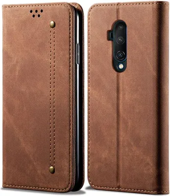 Produktbild von OnePlus 7T Pro Hülle, LaimTop Denim Leder Brieftasche Magnetverschluss Flip Bookstyle Schutzhülle mit Standfunktion für OnePlus 7T Pro Braun