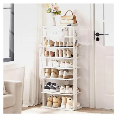 Produktbild von 8-stufiges Schuhregal, schmales Schuhablage, 50 cm Schuhschrank mit 2 Haken, platzsparend für Eingang und Wohnzimmer, Weiß