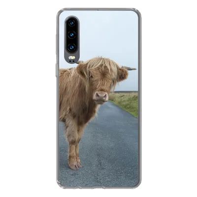 Produktbild von MuchoWow® Handyhülle Schutzhülle Hülle für Huawei P30 Scottish Highlander - Straße - Gras Silikon Softcase Handy Hülle - Kartenbesitzer