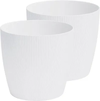 Zdjęcie produktu dla Zestaw 2 plastikowych doniczek w paski, białe, o wymiarach 13,5 cm, idealne do roślin doniczkowych, dekoracji ogrodu i imprez