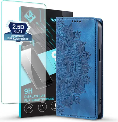 Produktbild von Mandala Handyhülle für Samsung Galaxy S22 RFID Schutz Klapphülle Case Cover Design Schutzhülle mit 9H Displayglas Farbe: Blau