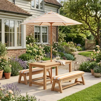 Immagine prodotto di BEALIFE Set di mobili da giardino per bambini, 4 pezzi, con ombrellone e panca 89x44x50 cm | A righe arancioni | Per terrazza, balcone e piscina | EB02