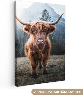 Produktbild von MuchoWow® - Leinwandbilder - Schottische Highlander - Natur - Berge, Wandbild, Wanddeko Bilder Wohnzimmer, 80x120 cm