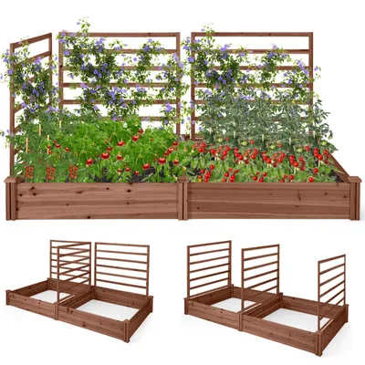 Produktbild von COSTWAY Hochbeet mit 2 Pflanzkästen und 3 Rankhilfen, Outdoor-Holzpflanzkasten-Set, Braun, 222x114x110cm
