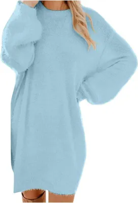Produktbild von ASKSA Pulloverkleid Damen Oversized Strickkleid Winterkleid Damen Langarm Rundhals Pullover Herbstkleid Einfarbig Sweatkleid,Himmelblau,M
