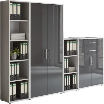 Produktbild von Aktenschrank TABOR 22 in lichtgrau / anthrazit Hochglanz, Schrankwand, Büroschrank, abschließbar, Metallgriffe