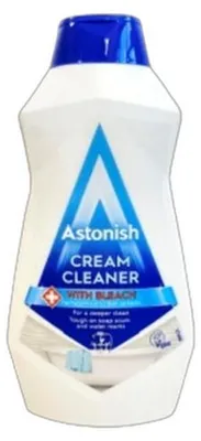 A bottle of Astonish cream cleaner with bleach.