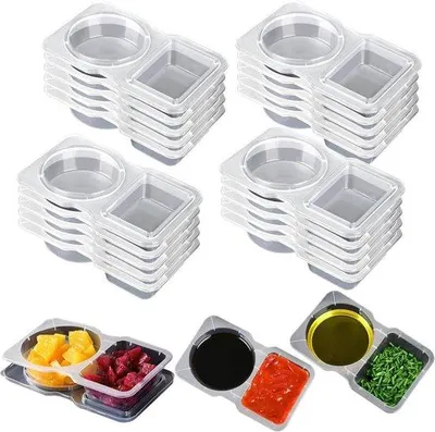 Immagine prodotto di Confezione da 20 contenitori riutilizzabili per snack a 2 scomparti - Contenitori trasparenti per la preparazione dei pasti, salse e spezie - Lavabili in lavastoviglie, con coperchio