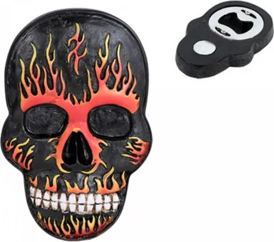 Produktbild von Totenkopf mit Flammen als Flaschenöffner für Halloween