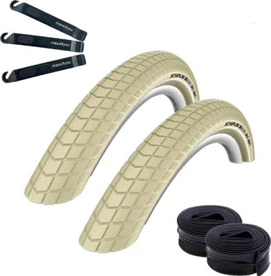 Produktbild von Angebot-Set / 2 x Schwalbe Big Ben Fahrradreifen K-Guard Creme mit Reflex 50-622 (28 x 2,00) + 2 Schwalbe Schläuche DV19 inkl. maxxi4you Reifenheber