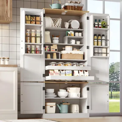 Produktbild von Hochschrank Küchenschrank 80x180x40 cm Vorratsschrank mit LED-Beleuchtung & 2 Schubladen, MDF Highboard Mehrzweckschrank für Küche & Speisekammer, Weiß/Natur