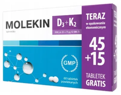 Obrázok produktu pre Molekin D3 + K2 45+15 - Optimalny doplnok stravy v tabletách podporujúci zdravie kostí a imunitný systém.