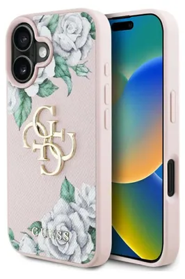 Produktbild von Guess Etui Grained Roses 4G Logo für iPhone 16 Rosa
