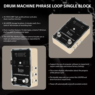 Zdjęcie produktu dla IRIN Looper Pedal Maszyna perkusyjna Pedały efektów gitarowych 44,1 kHz/24 bity 160 minut nagrywania 100 rytmów Gwoździe z podwójnym skokiem Gniazdo słuchawkowe
