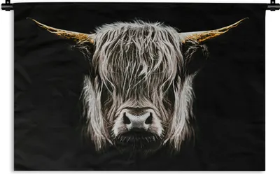 Produktbild von MuchoWow® Wandteppich Wandbehang Schottisches Hochlandrind - Gold - Hörner - Schwarz und weiß - Kuh - Tiere 60x40 cm Tapisserie Dekoration Wandtuch - Wanddekorationen